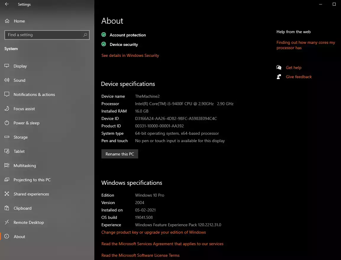 Windows Specification In setting app